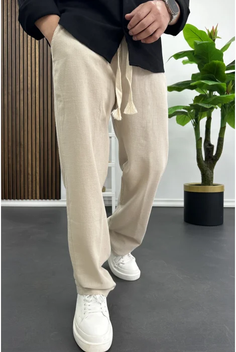 Erkek Pamuklu Keten Görünümlü Pantolon Bej Edw443