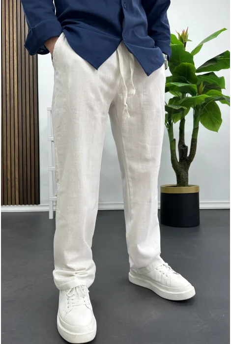 Erkek Pamuklu Keten Görünümlü Pantolon Kırık Beyaz Edw443