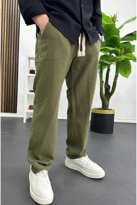 Erkek Pamuklu Keten Görünümlü Pantolon Yeşil Edw443