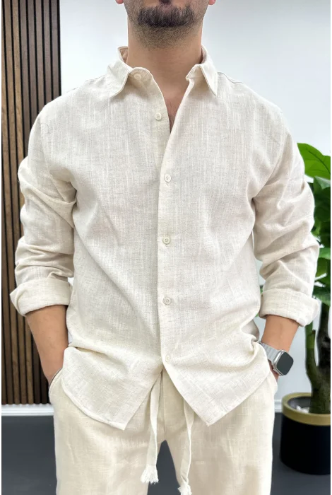 Erkek Pamuklu Keten Görünümlü Gömlek Bej Edw444