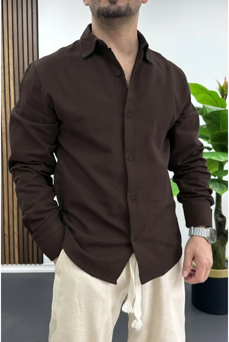 Erkek Pamuklu Keten Görünümlü Gömlek Kahverengi Edw444