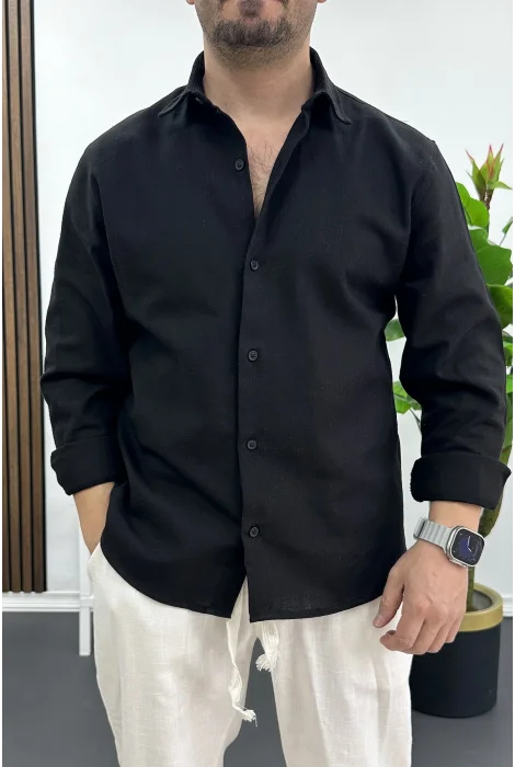 Erkek Pamuklu Keten Görünümlü Gömlek Siyah Edw444