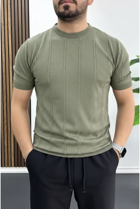 Erkek Bisiklet Yaka Desenli Tişört Açık Yeşil Edw454