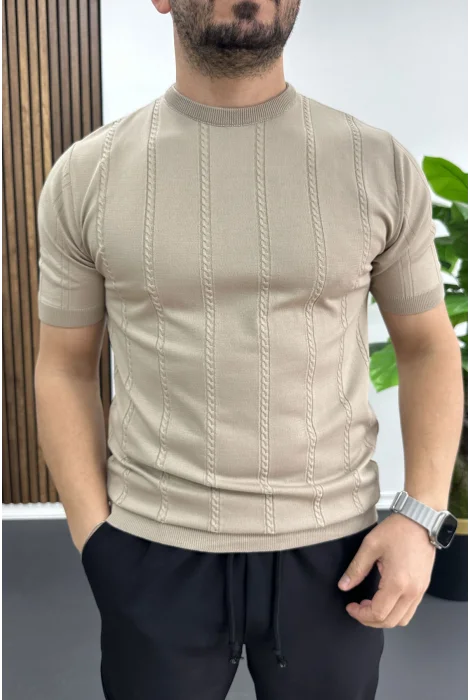 Erkek Bisiklet Yaka Desenli Tişört Vizon Edw454