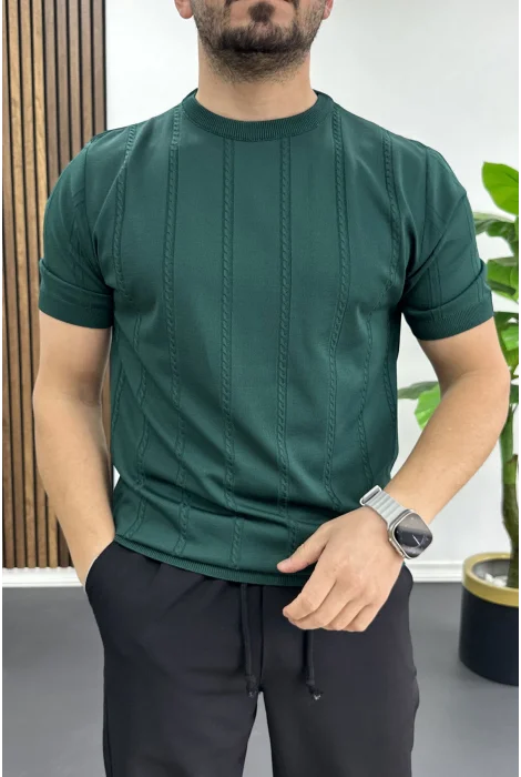 Erkek Bisiklet Yaka Desenli Tişört Yeşil Edw454