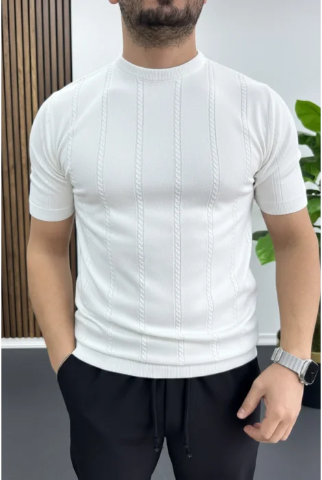 Erkek Bisiklet Yaka Desenli Tişört Beyaz Edw454