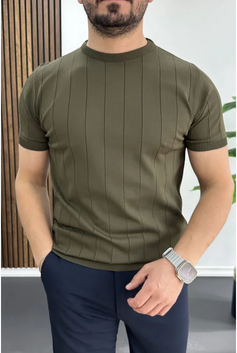 Erkek Bisiklet Yaka Çizgili Tişört Haki Edw456