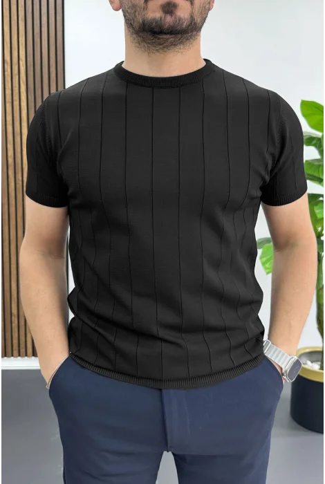 Erkek Bisiklet Yaka Çizgili Tişört Siyah Edw456