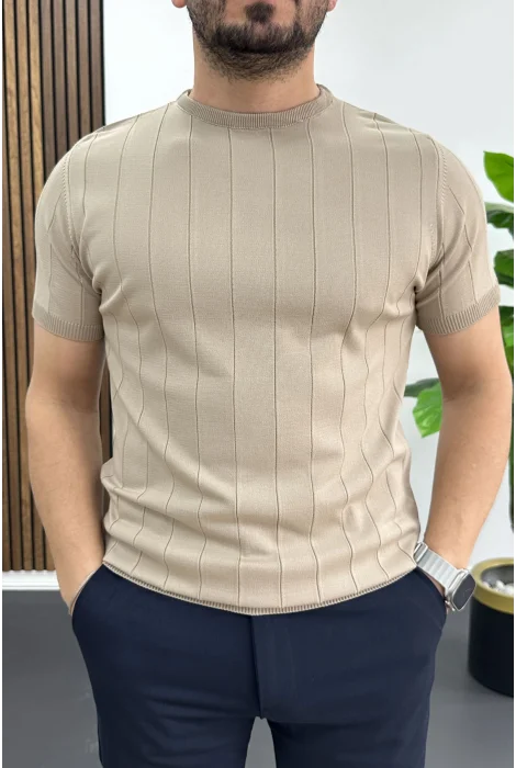 Erkek Bisiklet Yaka Çizgili Tişört Vizon Edw456