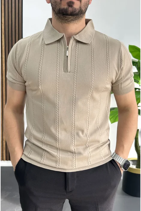 Erkek Desenli Polo Yaka Tişört Vizon Edw457