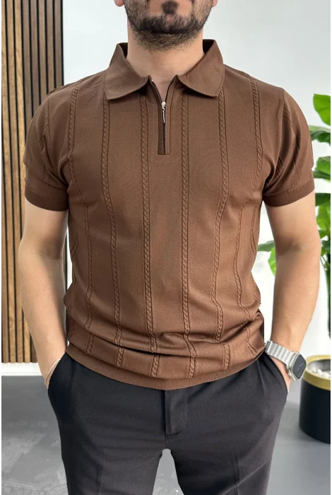 Erkek Desenli Polo Yaka Tişört Kahverengi Edw457