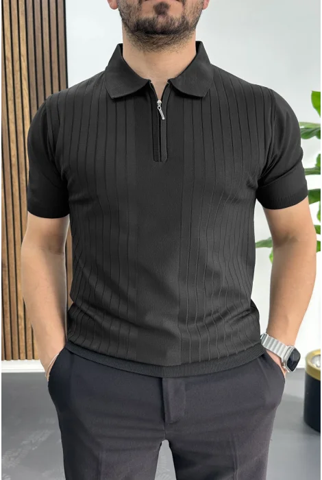 Erkek Çizgi Desenli Polo Yaka Siyah Edw458