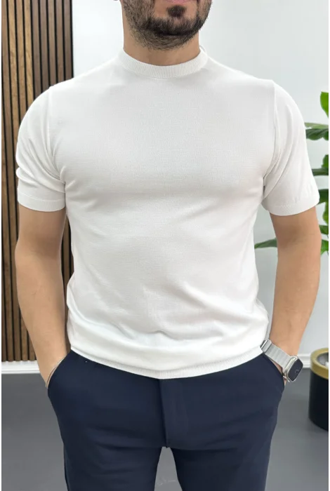 Erkek Düz Desen Bisiklet Yaka Tişört Beyaz Edw459