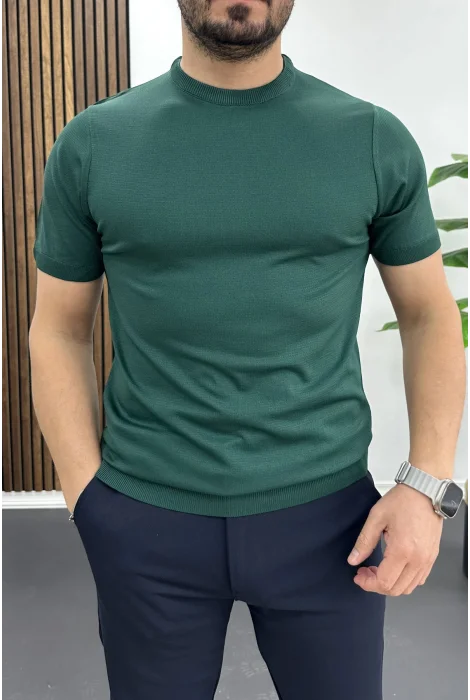 Erkek Düz Desen Bisiklet Yaka Tişört Yeşil Edw459