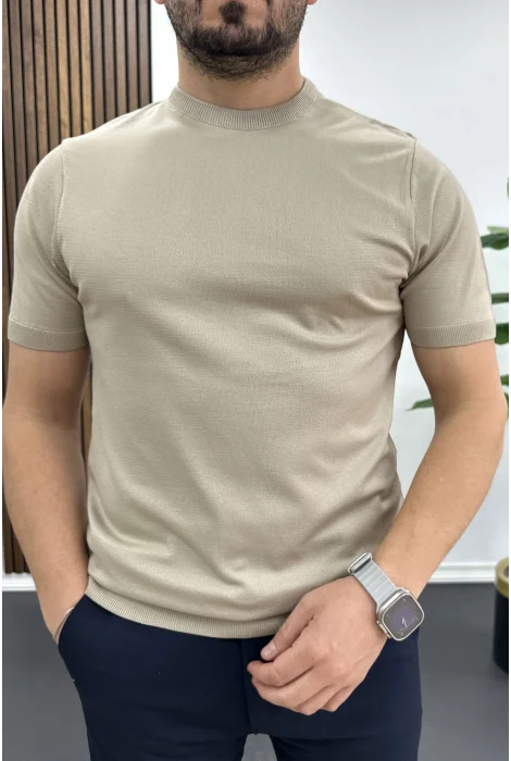 Erkek Düz Desen Bisiklet Yaka Tişört Vizon Edw459