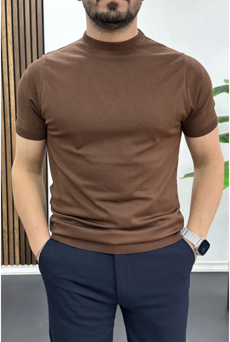 Erkek Düz Desen Bisiklet Yaka Tişört Kahverengi Edw459