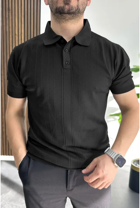 Erkek Desenli Polo Yaka Tişört Siyah Edw460