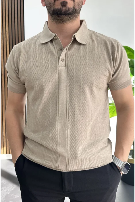 Erkek Desenli Polo Yaka Tişört Vizon Edw460