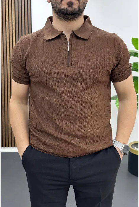Erkek Nokta Desenli Polo Yaka Tişört Kahverengi Edw462