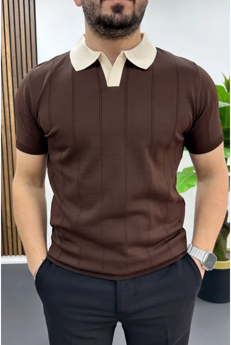 Erkek Yaka Detaylı Tişört Kahverengi Edw463