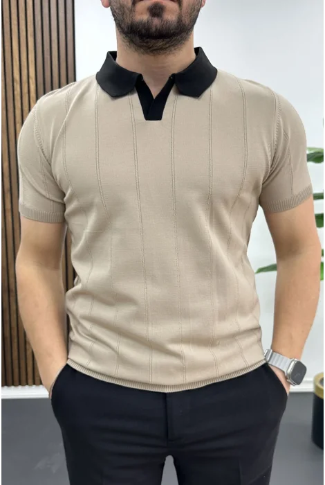 Erkek Yaka Detaylı Tişört Vizon Edw463