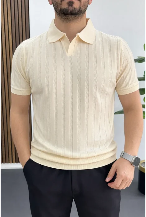 Erkek Açık Yaka Desenli Tişört Krem Edw453