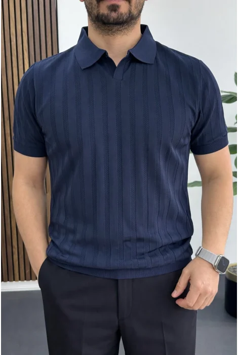 Erkek Açık Yaka Desenli Tişört Lacivert Edw453