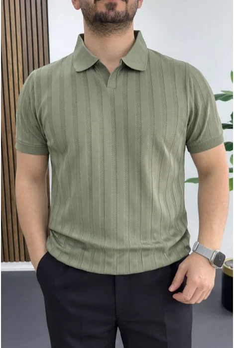 Erkek Açık Yaka Desenli Tişört Açık Yeşil Edw453