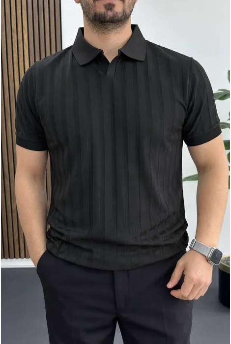 Erkek Açık Yaka Desenli Tişört Siyah Edw453