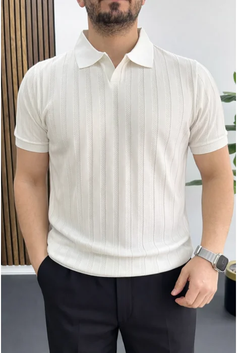 Erkek Açık Yaka Desenli Tişört Beyaz Edw453