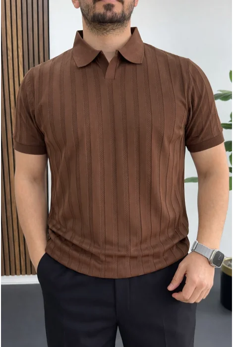 Erkek Açık Yaka Desenli Tişört Kahverengi Edw453