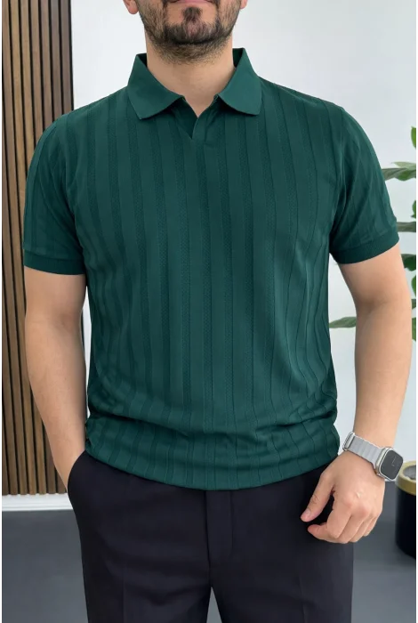 Erkek Açık Yaka Desenli Tişört Yeşil Edw453