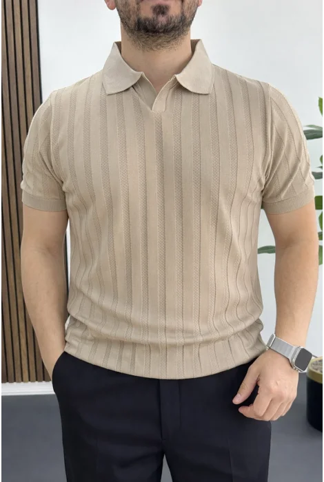 Erkek Açık Yaka Desenli Tişört Vizon Edw453