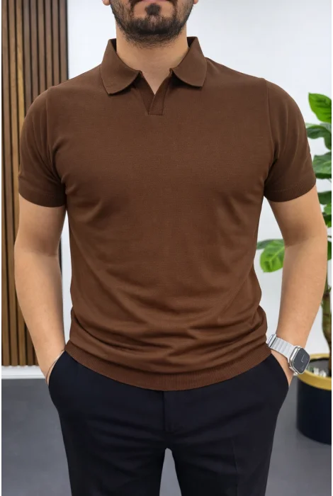 Erkek Açık Yaka Düz Tişört Kahverengi Edw461