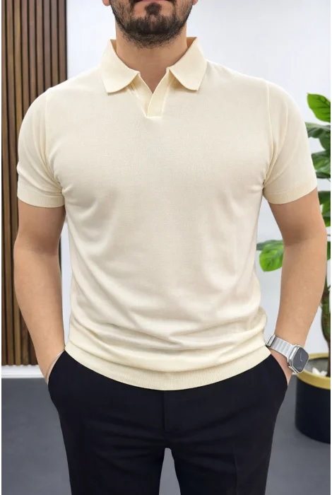 Erkek Açık Yaka Düz Tişört Krem Edw461