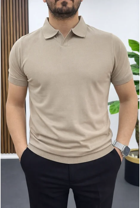 Erkek Açık Yaka Düz Tişört Vizon Edw461