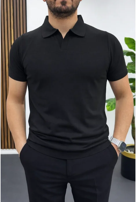 Erkek Açık Yaka Düz Tişört Siyah Edw461