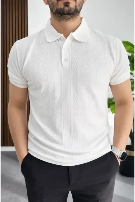 Erkek Desenli Polo Yaka Tişört Beyaz Edw460
