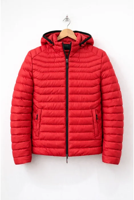 Erkek Slim Fit Kapüşonlu Şişme Mont Kırmızı Edw435