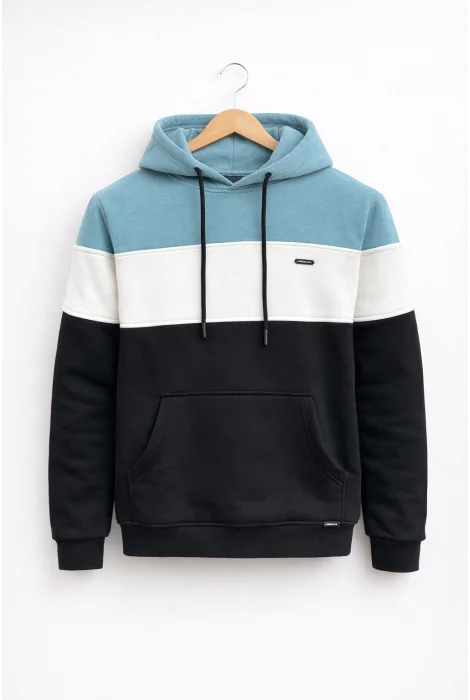 Erkek Slim Fit Renk Bloklu Kapüşonlu Sweatshirt Açık Mavi Edw438