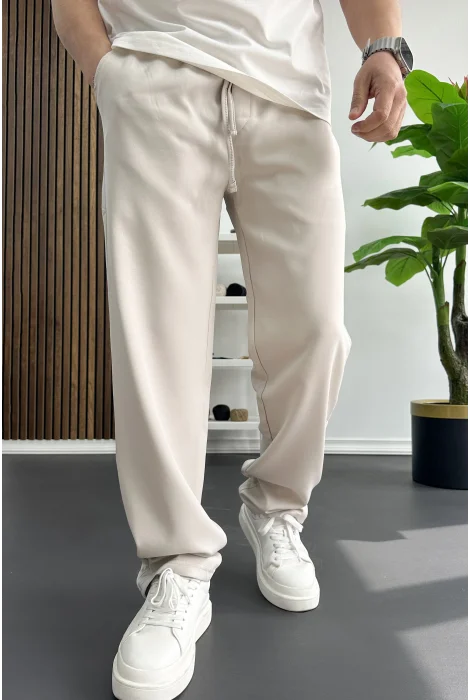 Erkek Rahat Kesim Düz Jogger Pantolon Krem Edw468