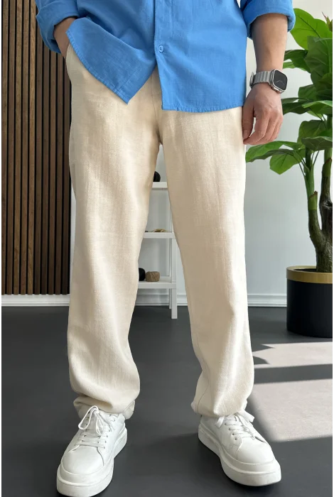 Erkek Beli Düğmeli Pantolon Krem Edw469