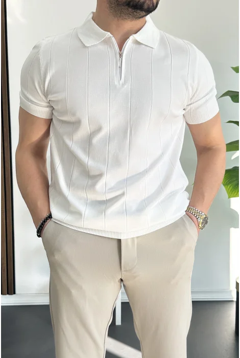 Erkek Slim Fit Fermuarlı Polo Yaka Tişört Beyaz Edw452