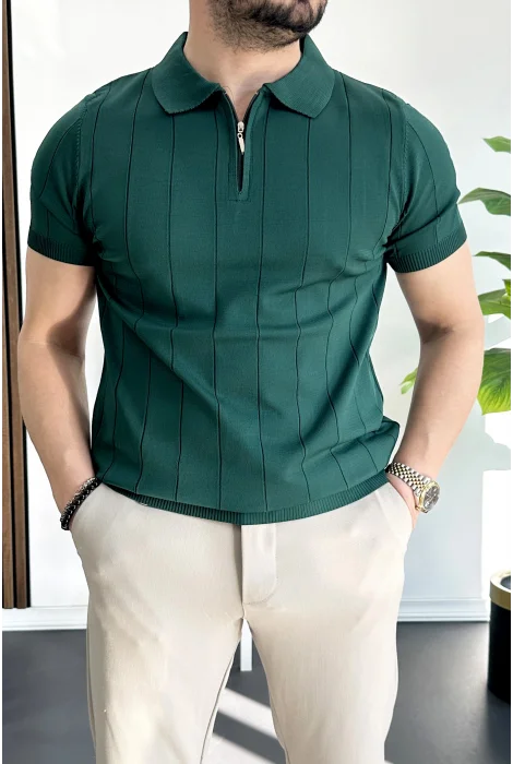 Erkek Slim Fit Fermuarlı Polo Yaka Tişört Yeşil Edw452
