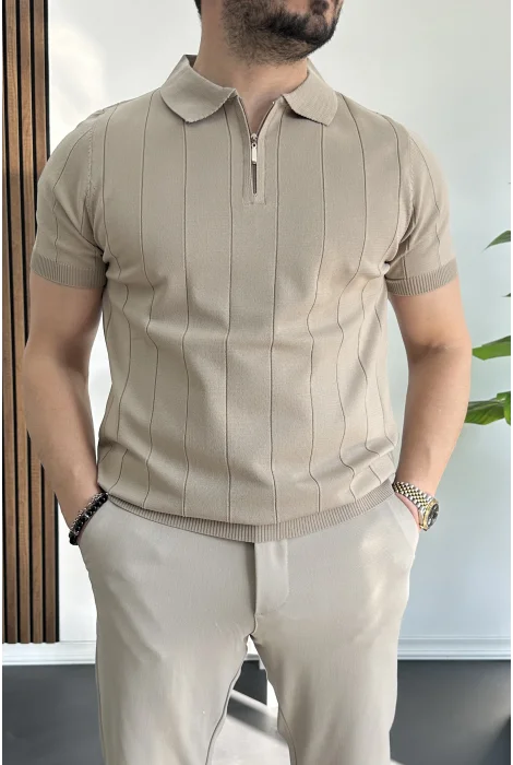 Erkek Slim Fit Fermuarlı Polo Yaka Tişört Vizon Edw452