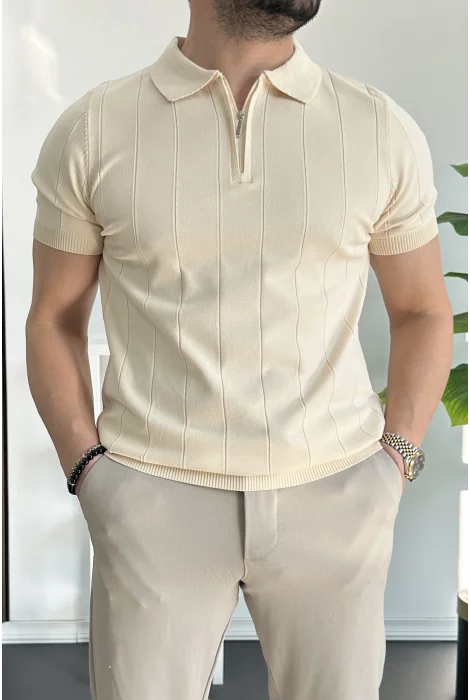 Erkek Slim Fit Fermuarlı Polo Yaka Tişört Krem Edw452