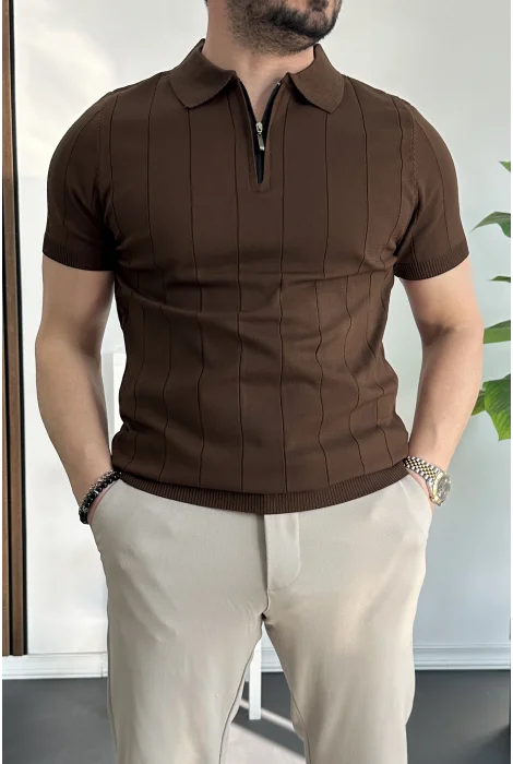 Erkek Slim Fit Fermuarlı Polo Yaka Tişört Kahverengi Edw452