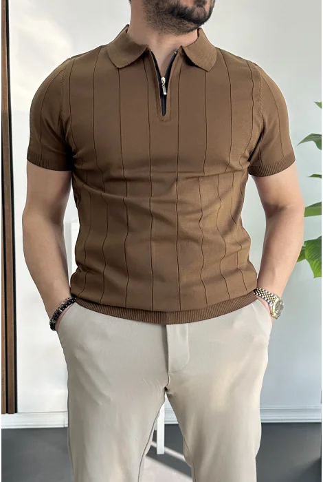 Erkek Slim Fit Fermuarlı Polo Yaka Tişört Açık Kahve Edw452