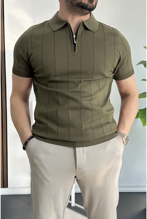 Erkek Slim Fit Fermuarlı Polo Yaka Tişört Haki Edw452