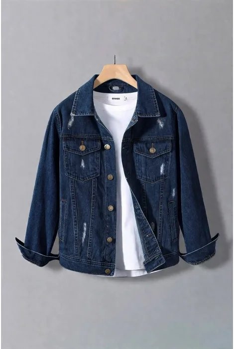 Erkek Slim Fit Denim Kot Ceket Yırtıklı Lacivert Edw397